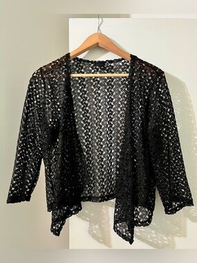 Sears Black Sheer Open-Knit Crochet Cardigan Shrug or Jacket dainty feminine
